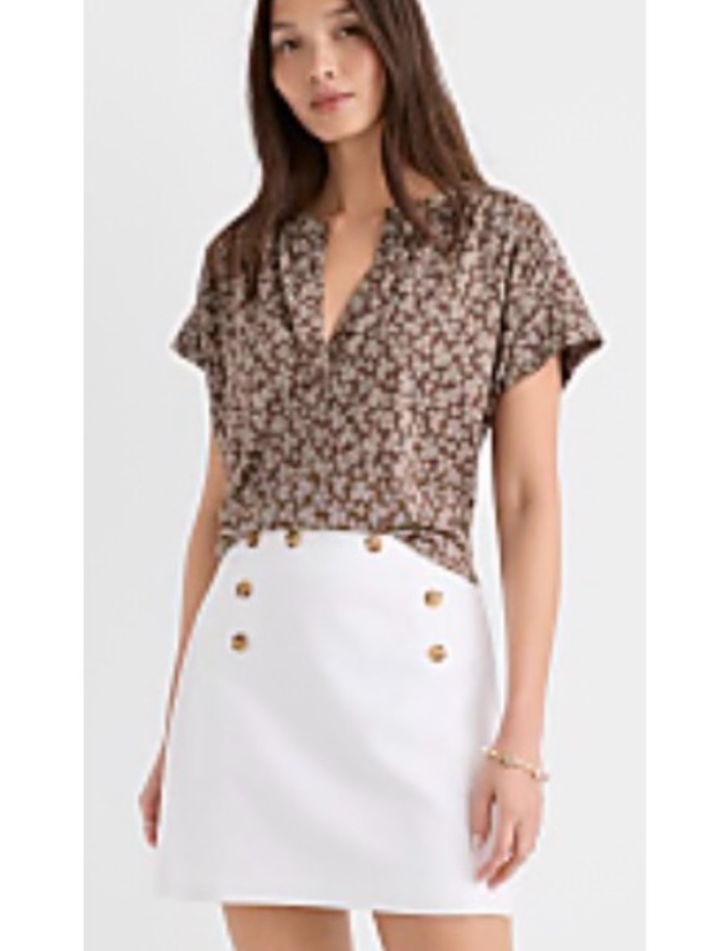 LOFT Brown Floral Split Next Mixed Media Short Sleeve Blouse